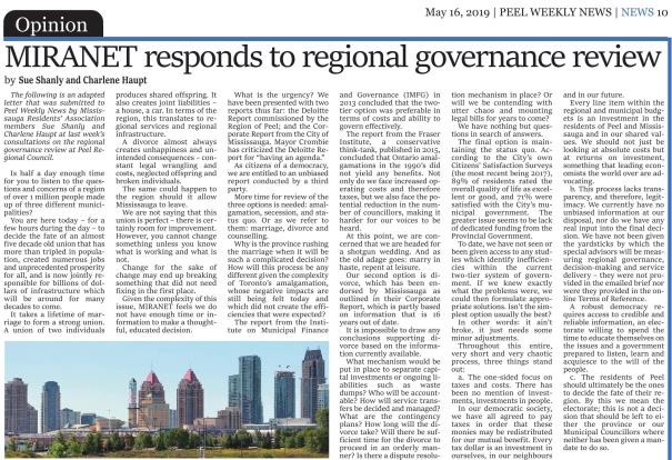 MIRANET responds to regional governance review - Peel Weekly News, 16 May 2019