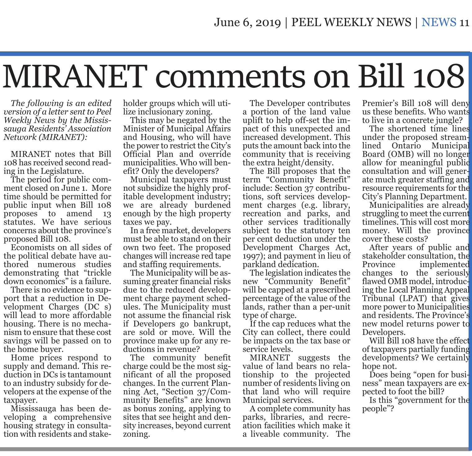 MIRANET comments on Bill 108 - Peel Weekly News, 6 June 2019