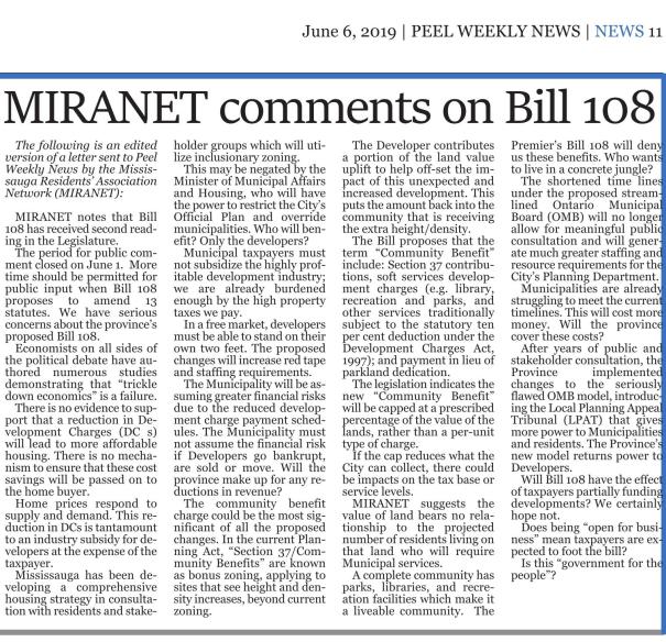 MIRANET comments on Bill 108 - Peel Weekly News, 6 June 2019